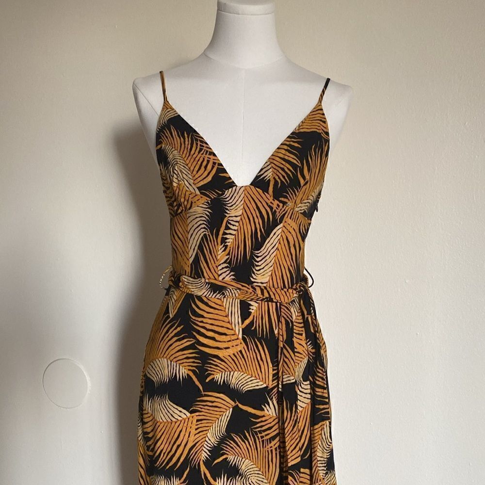 Shona Joy Golden Yellow & Black Phoenix Tropical Leaf Print Dress Size 2 - Picture 3 of 12